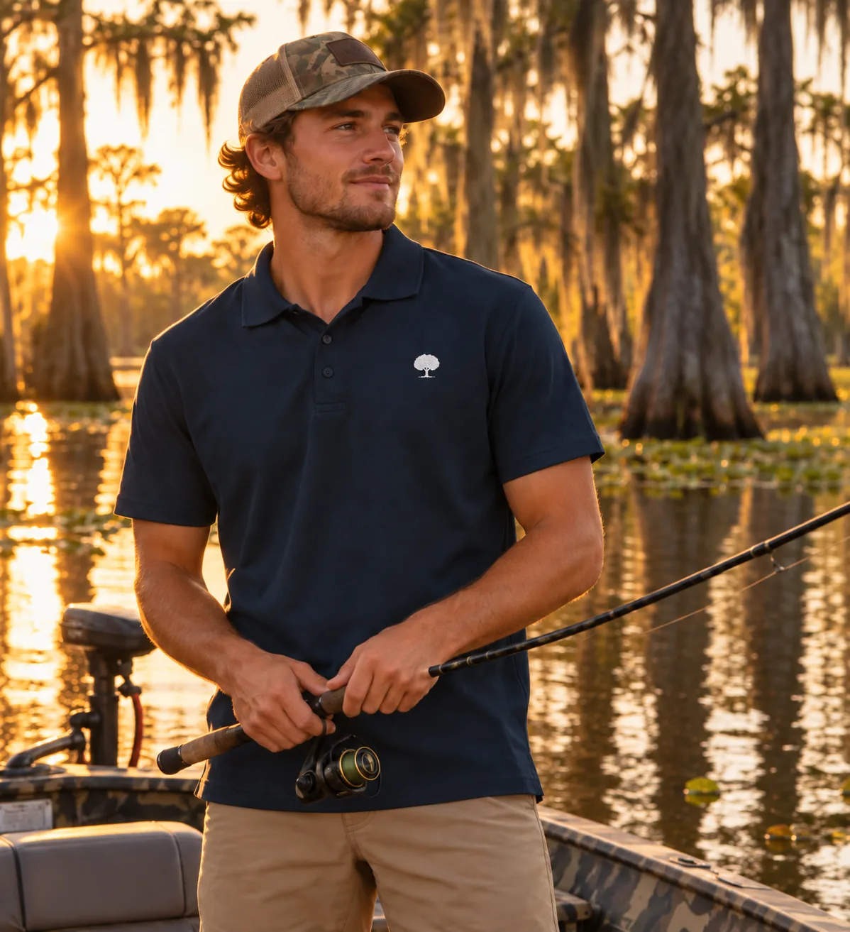 A man holding a fishing rod on a boat in a cypress bayou at sunset, wearing the navy Oak Polo