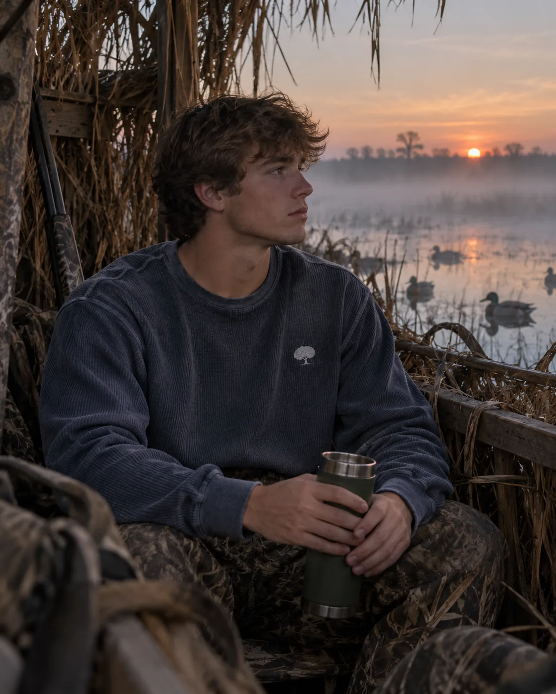 A young man in a duck blind at sunrise wearing the navy White Oak Sweatshirt, holding a thermos