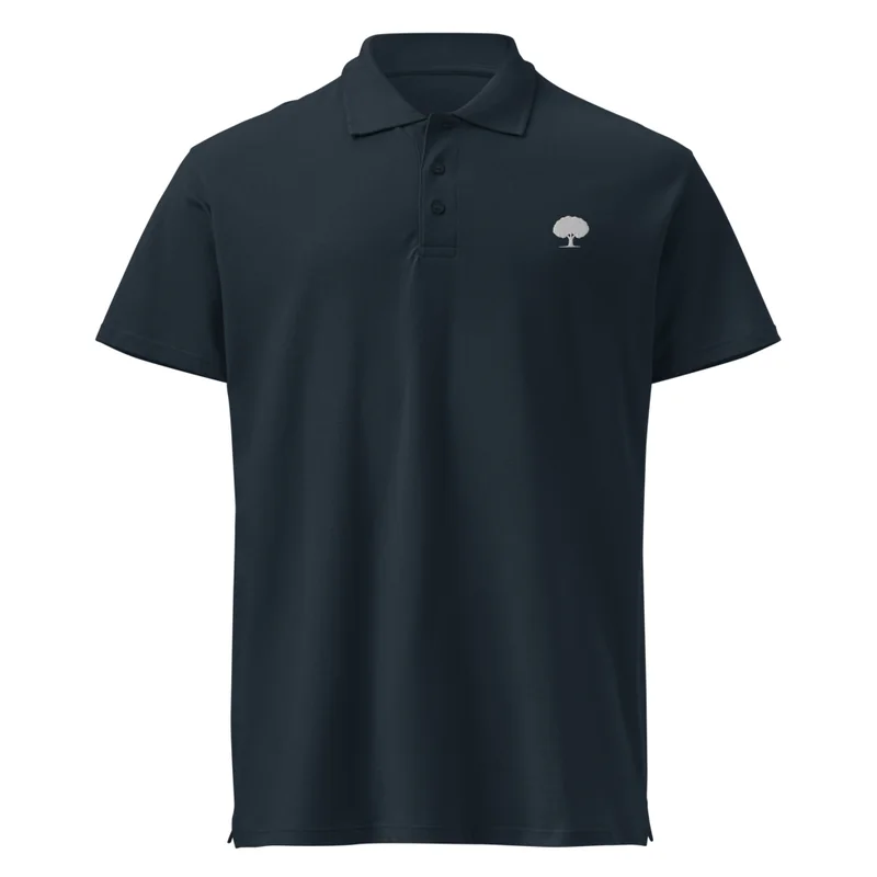 The Oak Polo in navy with an oak tree stitched on the left chest