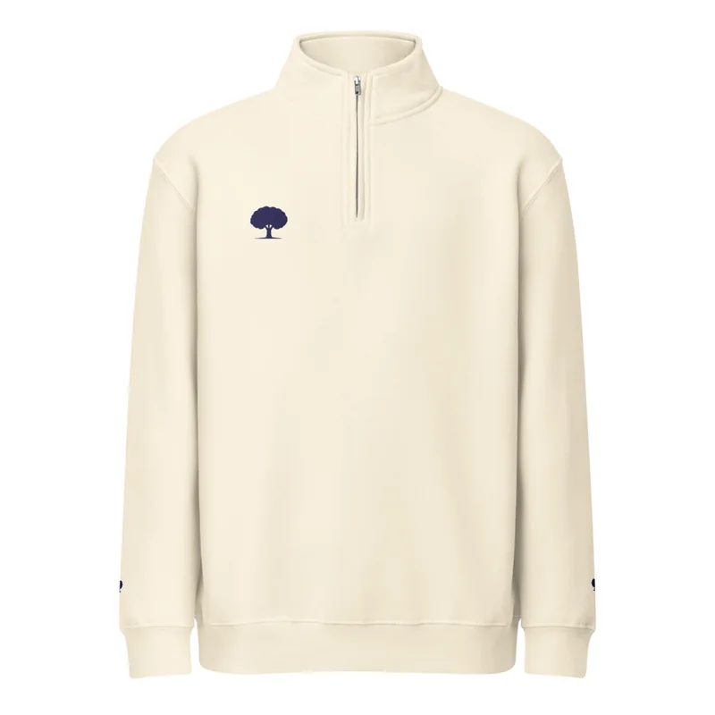 Blue Oak Cream Quarter Zip in cream with a navy oak tree on the chest and small trees on the cuffs