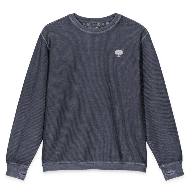 White Oak Sweatshirt, a washed navy corded crewneck with a white oak tree on the left chest